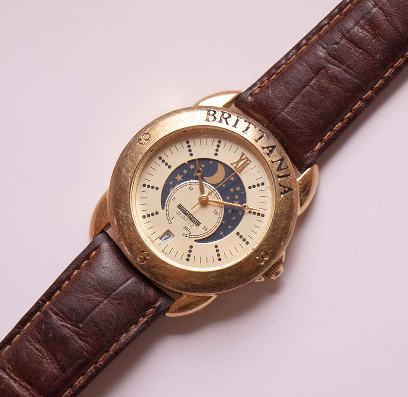 Vintage Brittania Moon Phase Quartz Watch Unisex | Gold-tone Wristwatc ...
