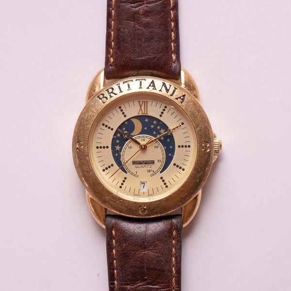 Vintage Brittania Moon Phase Quartz Watch Unisex | Gold-tone Wristwatch