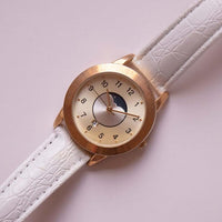 Klassische Goldton-Mondphase Uhr für Frauen mit weißem Armband