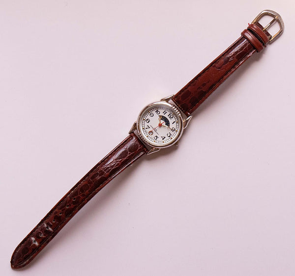 Silver-tone Moonphase Women's Dress Watch with Brown Leather Strap Vintage Radar Silver-tone Moonphase Women's Dress Watch with Brown Leather Strap Vintage Radar