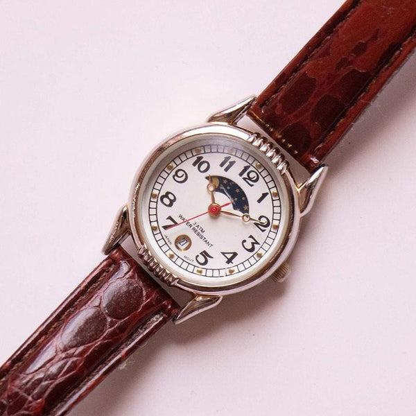 Silberton-Mondphasen-Frauenkleid Uhr mit braunem Lederband