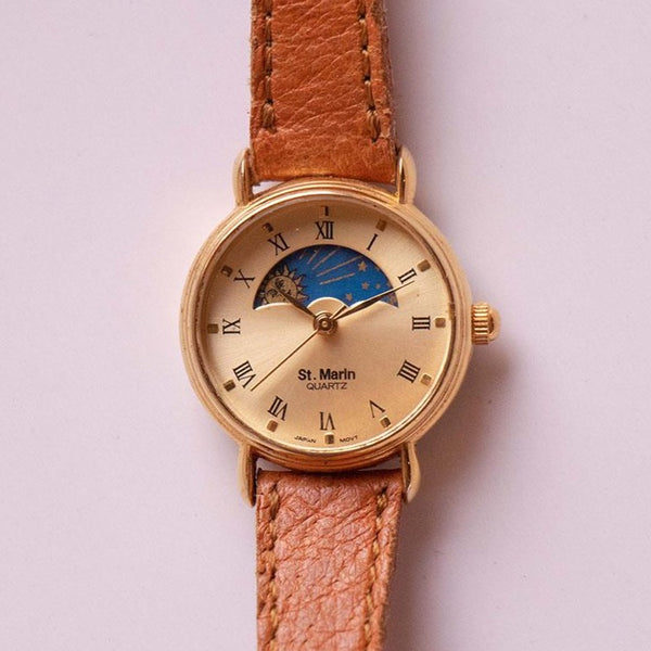 Vintage St. Marin-Moon-fase reloj | Pequeño de pulsera para mujeres de oro