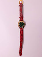 Antiguo Guess reloj para mujeres con dial verde y correa de cuero rojo