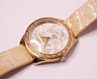 44 mm großer Gold-Ton Guess Quarz Uhr mit Blumenblatt Vintage