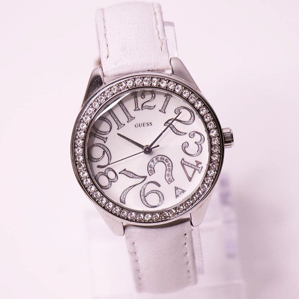Silver-tone Guess Women's Watch White Leather Strap White