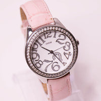 Tono plateado Guess De las mujeres reloj con correa de cuero rosa vintage