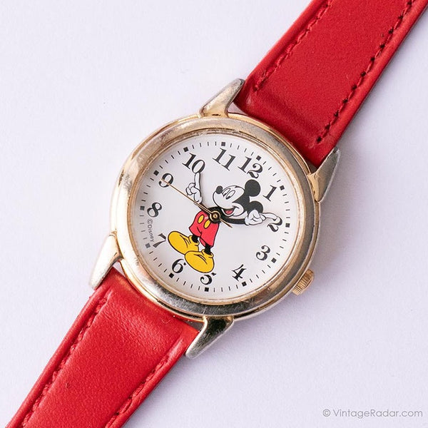 Vintage zweifarbige klassische SII Seiko Mickey Mouse Uhr mit rotem Riemen