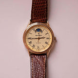 Gold-tone Peugeot Moonphase Watch with Textured Leather Strap Vintage
