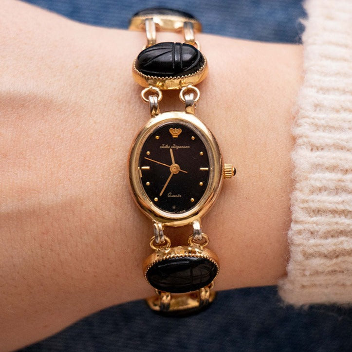 Jules Jurgensen Vintage Petite women\'s gold-tone quartz watch with black dial RARE Vintage Black-dial Jules Jurgensen Quartz Watch with  main image 2