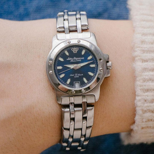 Dial azul vintage raro Jules Jurgensen reloj para mujeres acero jj cuarzo