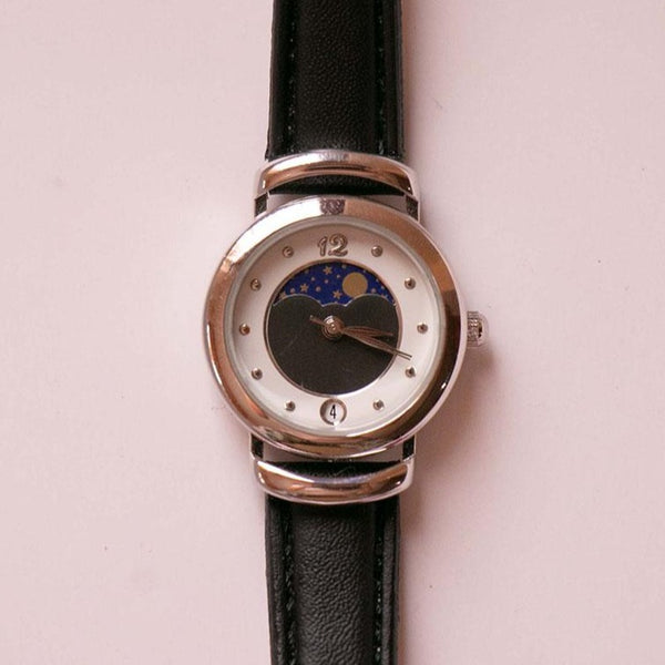 Fase lunar de tono plateado reloj para mujeres | Cuarzo de fase lunar vintage