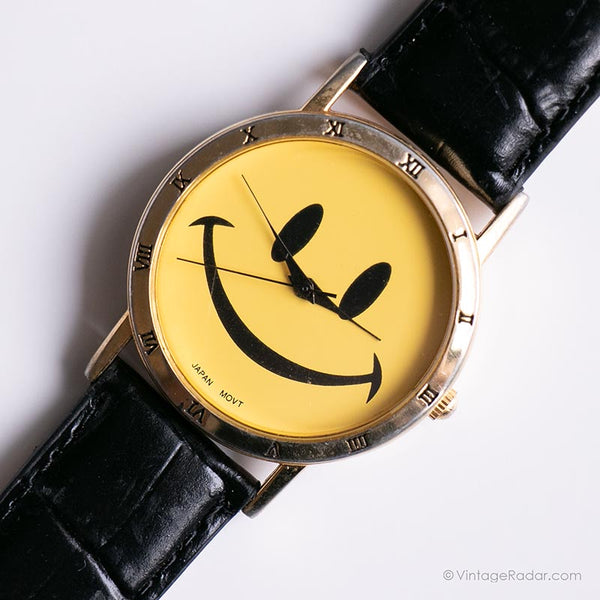 Vintage Smiley Gesicht Uhr | Gelbes Zifferblatt Japan Quarz Uhr