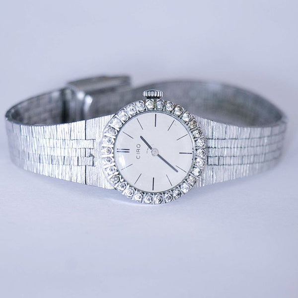 Vintage luxuriöser silbertoner Ciro Uhr für Frauen mit Edelsteinen