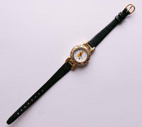 Tono de oro vintage Winnie the Pooh reloj para mujeres | Correa de cuero negro