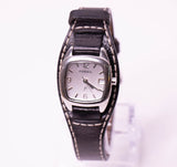 Pequeño tono plateado Fossil F2 Fecha de mujeres reloj Vintage de correa de cuero negro