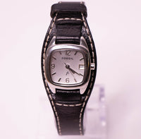 Pequeño tono plateado Fossil F2 Fecha de mujeres reloj Vintage de correa de cuero negro