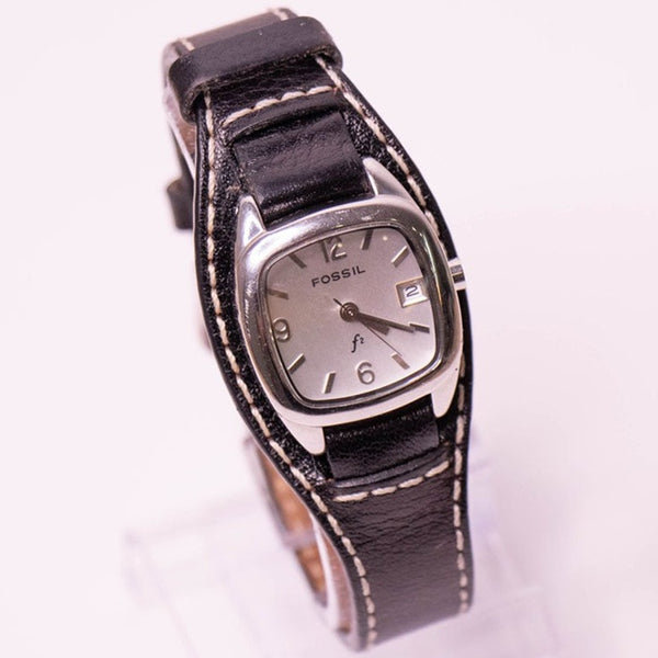 Tiny Silver-tone Fossil F2 Date Women's Watch Black Leather Strap Vintage