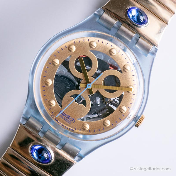 Vintage 1991 Swatch GN123 GN124 Gold Lächeln Uhr | Gold-Ton Swatch