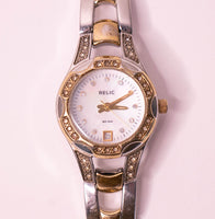 Two-tone Relic Women's Watch with Mother of Pearl Dial & Gemstones