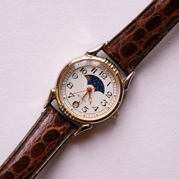 Silberton-Mondphase Uhr für Frauen | Vintage Moonphase Armbanduhr