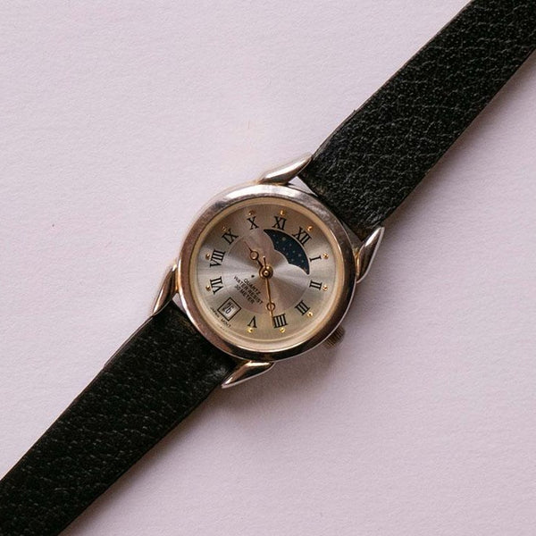 Fase lunar vintage clásica reloj | Reloj de pulsera de cuarzo de damas de tono plateado