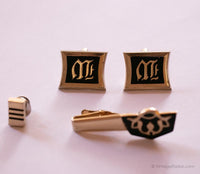 Vintage Gold Letter M Cufflinks & Matching Tie Clip and Tie Tack Pin
