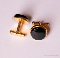Vintage Round Black & Gold Englinks, Pin de unión de corbata y tachuela
