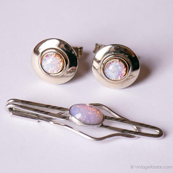 Vintage Silver Manschettenknöpfe und Krawattenclip mit lila Kristallen | Hochzeitsmanschettenknöpfe