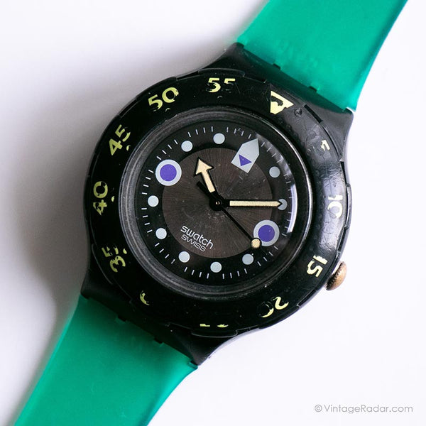 خمر 1992 Swatch SDB102 Shamu Black Wave Watch | 90s Swatch Scuba