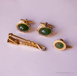 Vintage Gold-Tone Manschettenknöpfe mit grünen Steinen, Krawattenclip und Krawattenstift