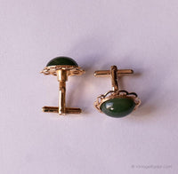 Vintage Gold-tone Cufflinks with Green Stones, Tie Clip and Tie Tack Pin