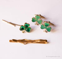 Vintage Green Shamrock Manschettenknöpfe, Krawatte Tack Pin & Gold-Tone-Krawattenclip