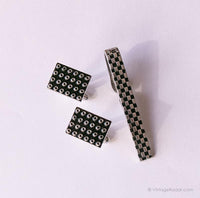 Vintage Square Silver-tone Cufflinks and Checked Tie Clip with Black Details