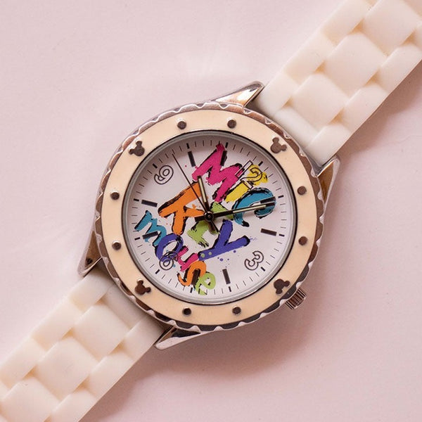 Antiguo Mickey Mouse Deportes reloj | Tono plateado Disney reloj Correa blanca