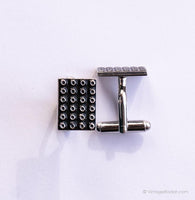 Vintage Square Silver-tone Cufflinks and Checked Tie Clip with Black Details