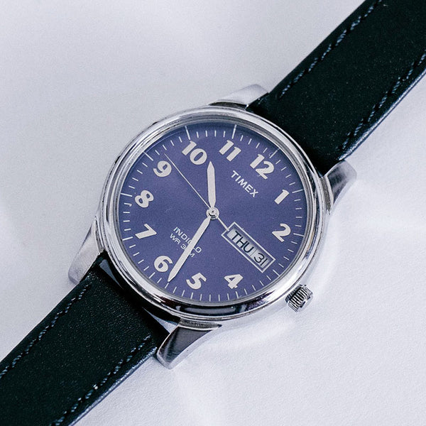 Blue-dial Timex Indiglo Quartz Watch | Vintage Day & Date Timex Watch