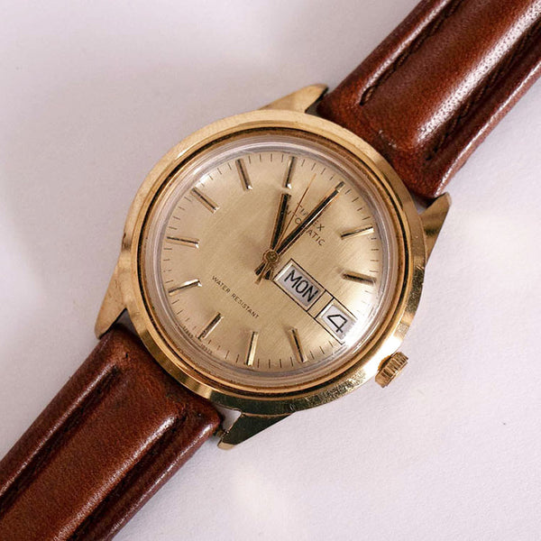 Raro maschi tono in oro Timex Orologio automatico con funzione Day and Date