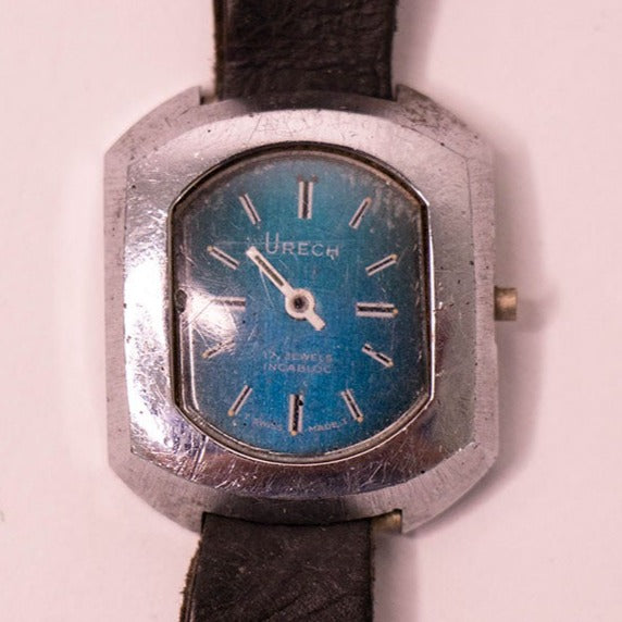 Urech 17 Jewels Case and Blue Dial Swiss Watch for Parts & Repair - NOT WORKING