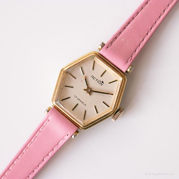Vintage 17 Juwelen mechanisch Uhr durch Aktion | Damen rosa Riemen Uhr