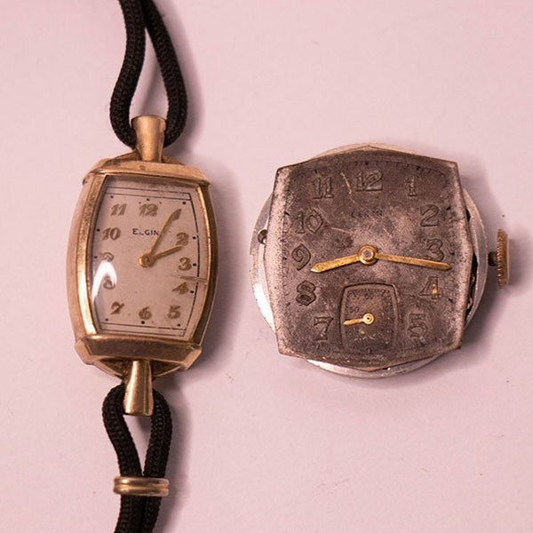 2 Art Deco Antique 10k Gold Elgin Watches for Parts & Repair - NOT WORKING