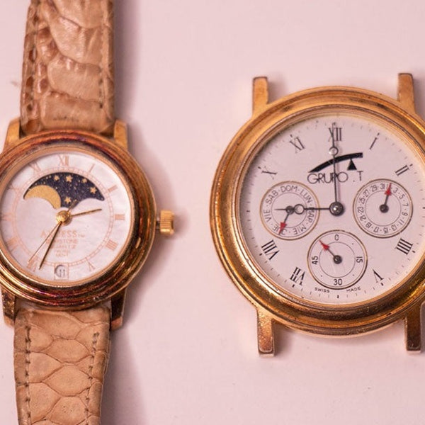 2 Gold-Tone Moon Phase Quartz Watches for Parts & Repair - NOT WORKING