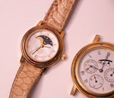 2 Gold-Tone Moon Phase Quartz Watches for Parts & Repair - NOT WORKING