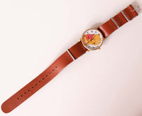 Antiguo Timex Winnie the Pooh reloj con correa de la OTAN de cuero marrón