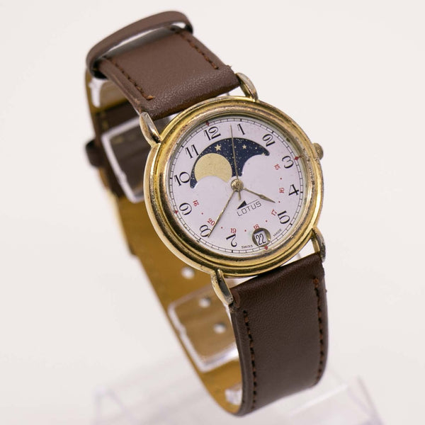 Cuarzo de fase luna de loto vintage reloj | Unisex Lotus Moonphase reloj