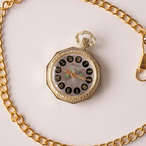 Vintage Saxony Mechanical Pocket Watch | Floral Watch for Ladies