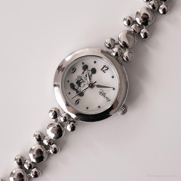 Pequeño tono de plata minimalista Mickey Mouse reloj | Antiguo Disney reloj
