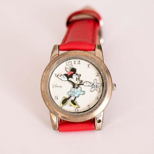 35 mm 90s Disney Minnie Mouse reloj para mujeres con correa de cuero rojo