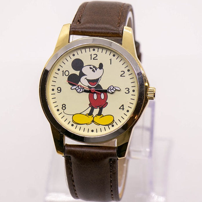 Vintage Mickey Mouse Animated Wristwatch Duo - Black & Brown Straps Two Tone Mickey Mouse Accutime Watch on Brown Strap  main image 4