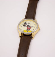 Zweifarbige große 42 mm Mickey Mouse Uhr Brauner Riemen