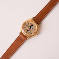 Vintage Gold-tone Minnie Mouse Watch with Brown Leather Strap